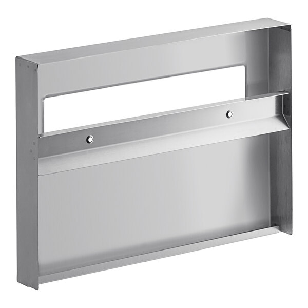 A stainless steel surface-mounted toilet seat cover dispenser.