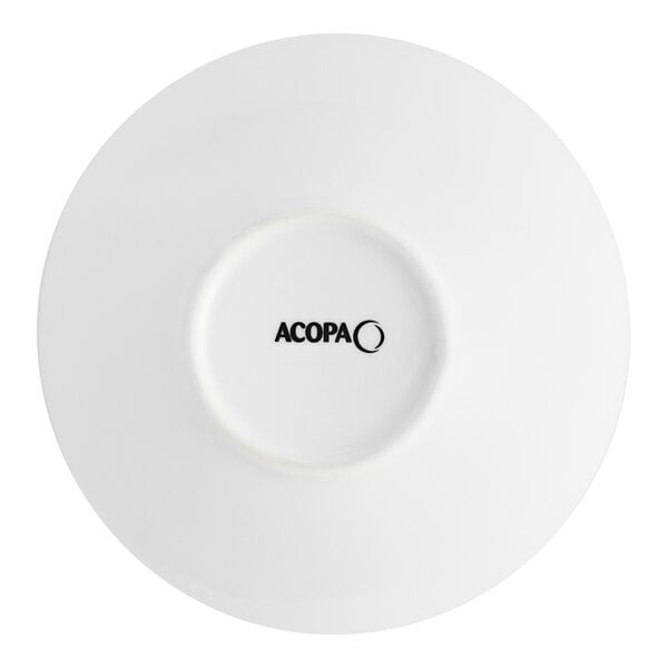 A close-up of a white Acopa porcelain bowl with black text on the side.