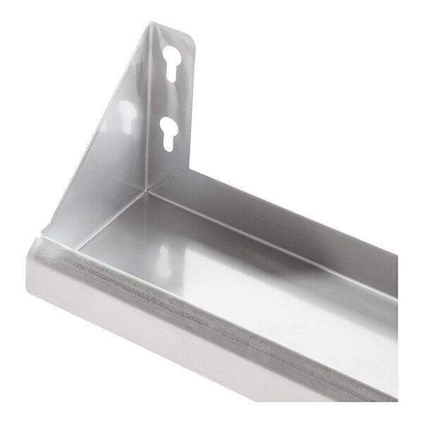 A Lavex stainless steel wall mount shelf with holes in the middle.
