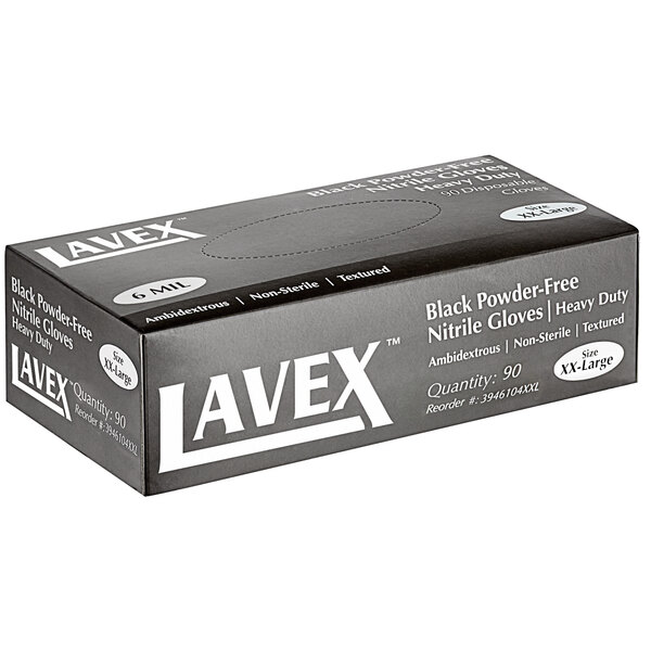 A black Lavex Pro box of black nitrile gloves with white text.