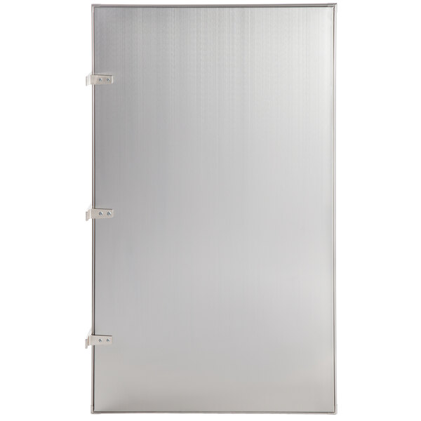A white rectangular stainless steel urinal partition with metal hinges.