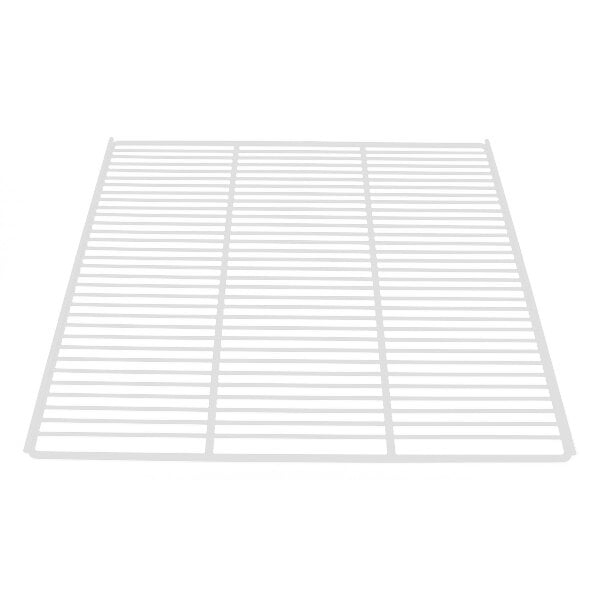 A white coated wire shelf with a grid pattern.