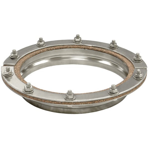 A stainless steel circular ring with holes and nuts.