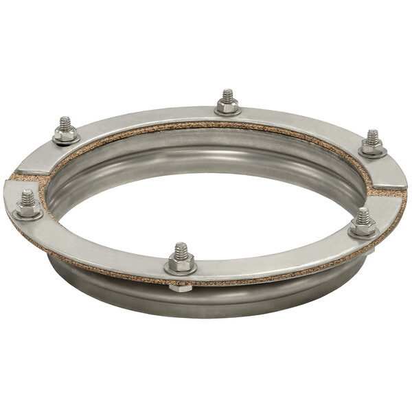 A stainless steel Salvajor disposer adapter ring with screws.