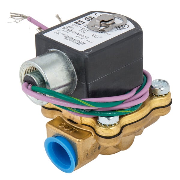 A close-up of a brass Hobart Solenoid Valve with green and white wires.