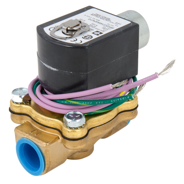 A close-up of a Hobart brass solenoid valve with blue wires.