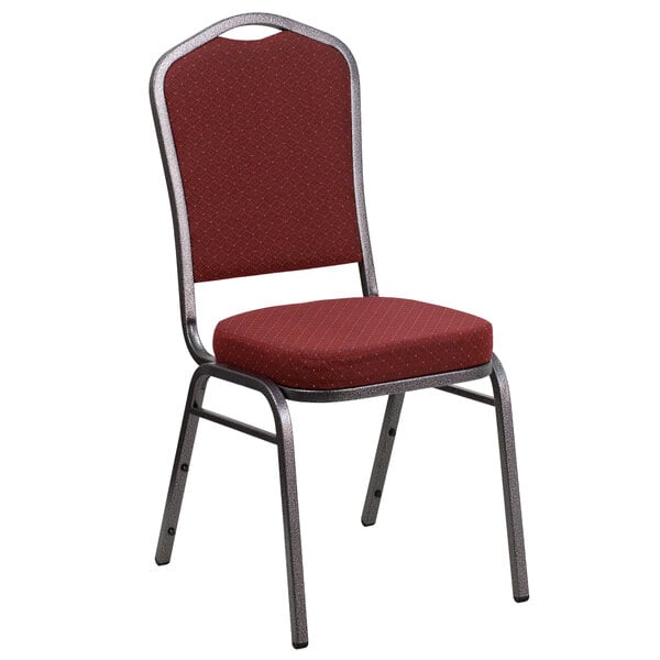 A burgundy Flash Furniture banquet chair with a silver frame.