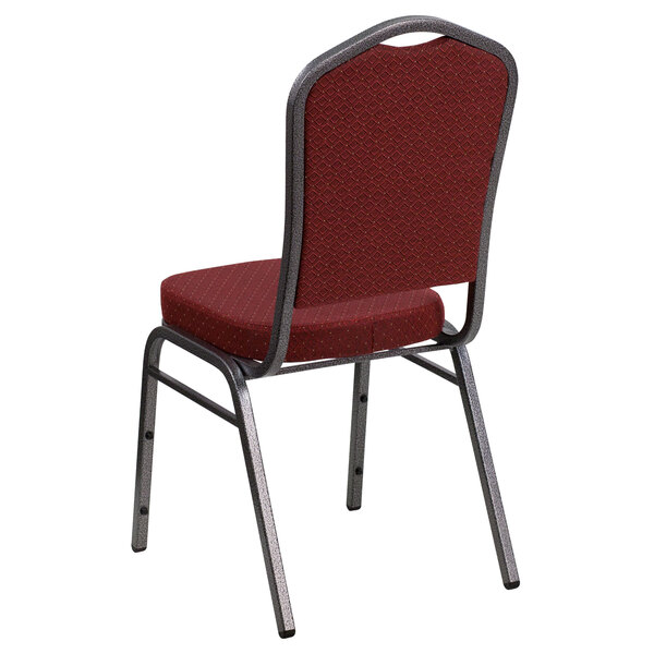 A burgundy Flash Furniture banquet chair with a silver metal frame.