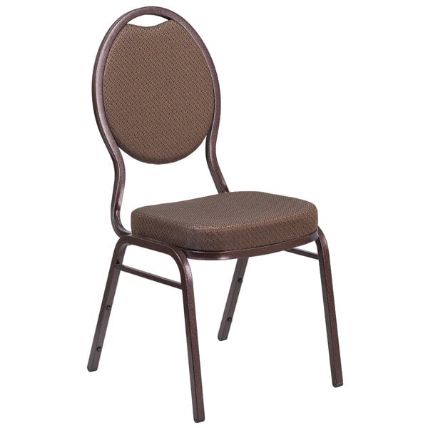 A Flash Furniture brown banquet chair with a brown patterned backrest and a copper vein metal frame.