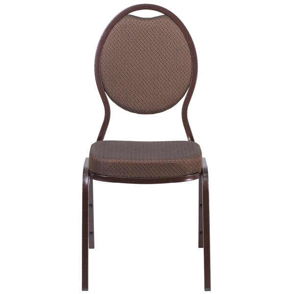A Flash Furniture brown teardrop back banquet chair with a copper vein metal frame.