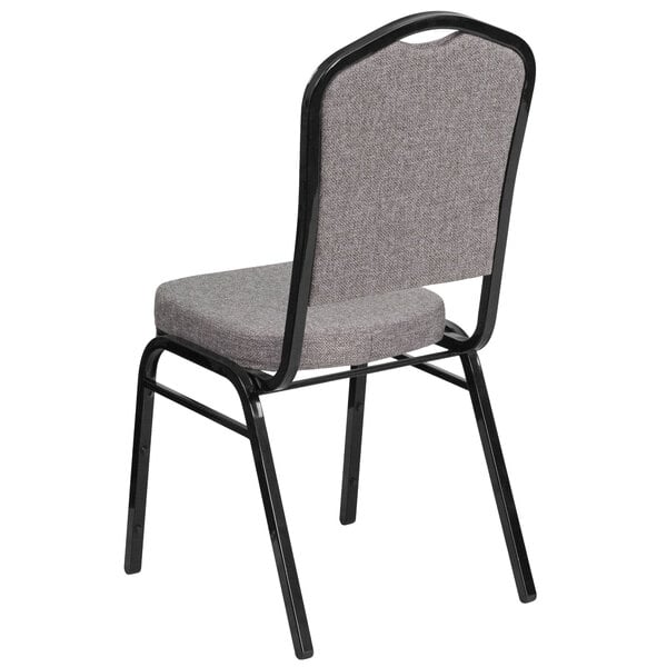 A Flash Furniture gray fabric banquet chair with a black metal frame and crown backrest.