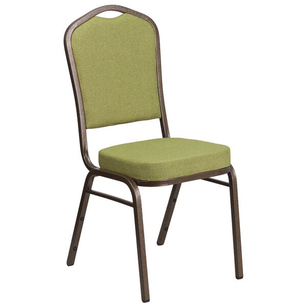 A green Flash Furniture banquet chair with a gold vein metal frame.