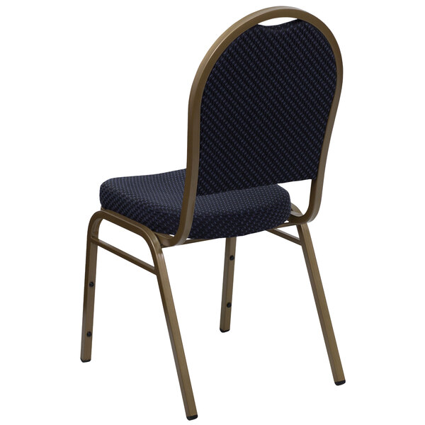A blue and gold banquet chair with a backrest.