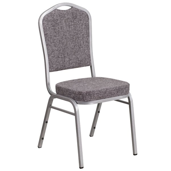A gray Flash Furniture Hercules Herringbone Fabric banquet chair with a silver metal frame.