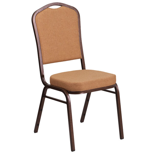 A Flash Furniture banquet chair with light brown fabric upholstery on the seat and back.
