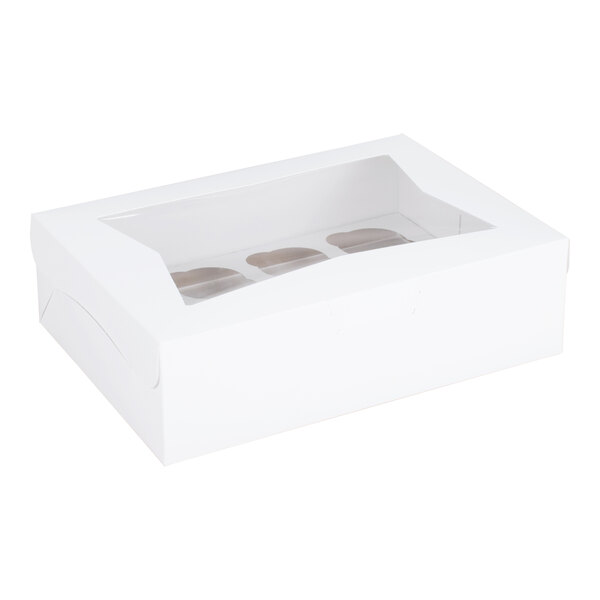 A white cupcake or muffin box with a clear window and a 12-slot reversible insert.