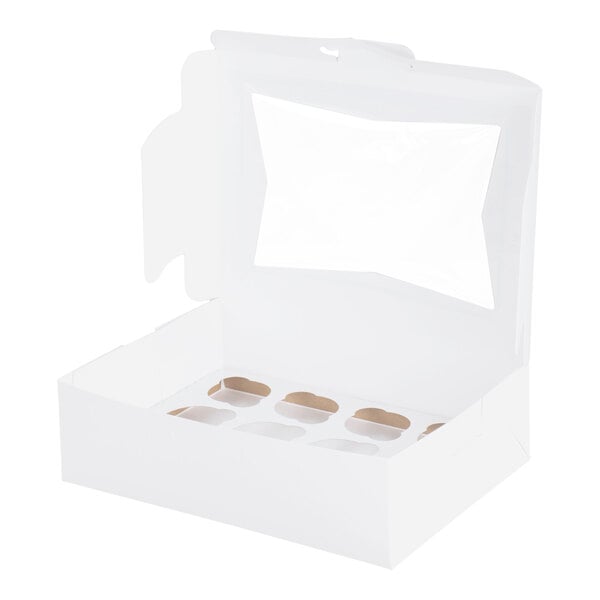 A white cupcake or muffin box with a clear window and a 12-slot reversible insert.