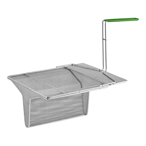 A metal Frymaster sediment tray basket with a green handle.