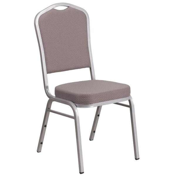 A Flash Furniture banquet chair with a gray dotted fabric cushion and silver frame.