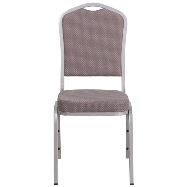 A Flash Furniture Hercules banquet chair with a gray fabric back and silver frame.