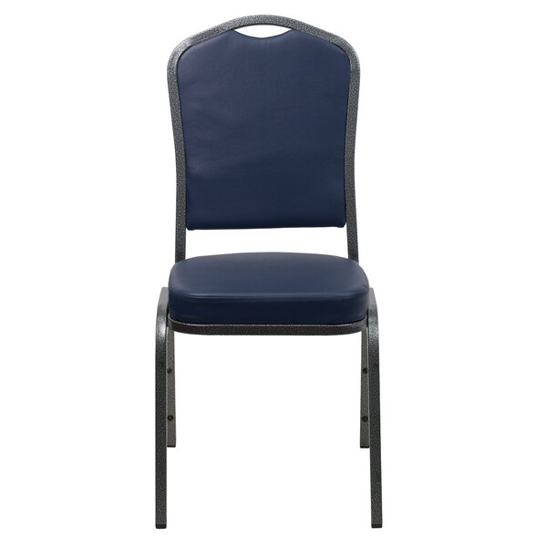 A Flash Furniture Hercules navy blue vinyl banquet chair with a silver frame and black back.