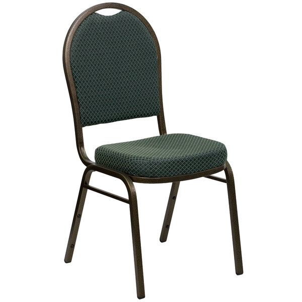 A green and black Flash Furniture Hercules banquet chair with a gold metal frame.