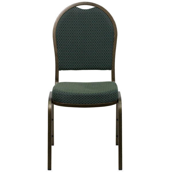 A green Flash Furniture banquet chair with a gold vein metal frame.