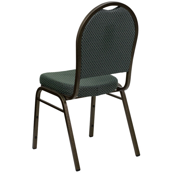 A green Flash Furniture banquet chair with a gold metal frame and green cushion.