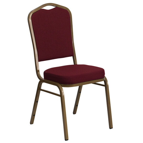 A burgundy Flash Furniture banquet chair with a gold frame.