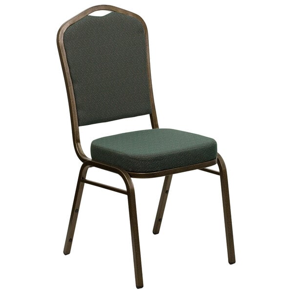 A Flash Furniture banquet chair with green fabric and a gold vein frame.