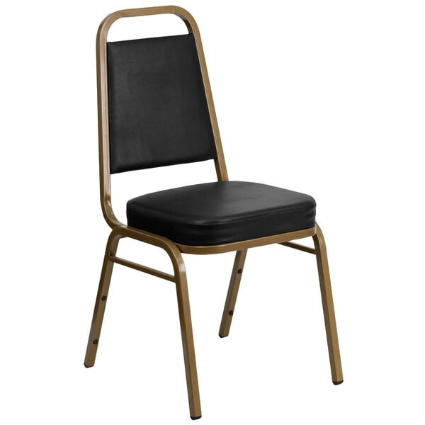 A black Flash Furniture banquet chair with a black seat and gold frame.