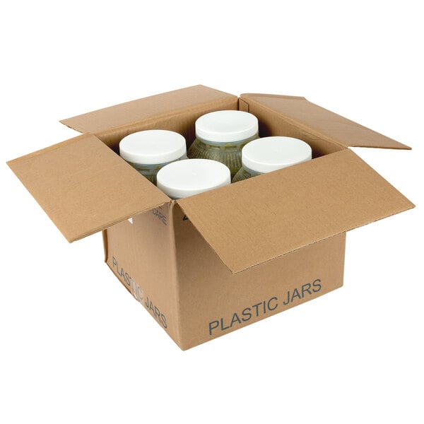 A cardboard box labeled 'Plastic Jars' containing four large plastic jars with white lids, filled with sweet relish.
