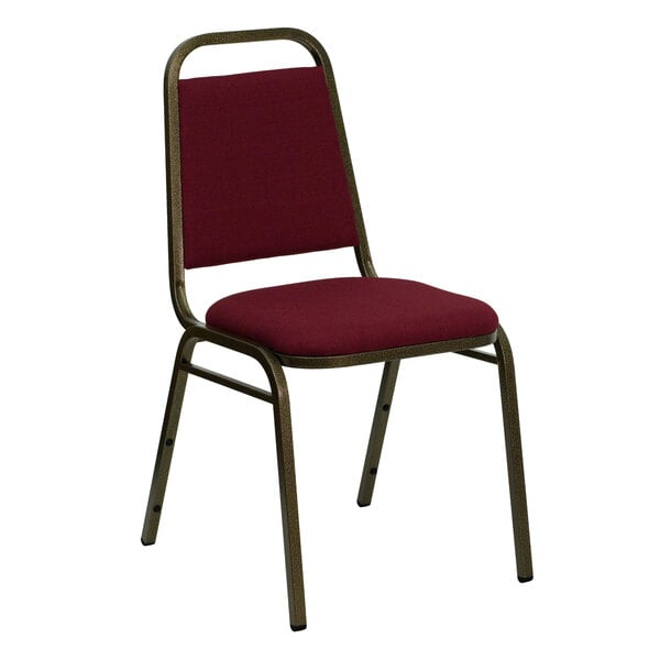 A burgundy Flash Furniture banquet chair with a metal frame.