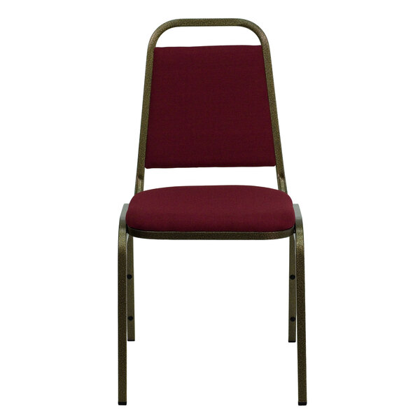A burgundy Flash Furniture banquet chair with a metal frame.