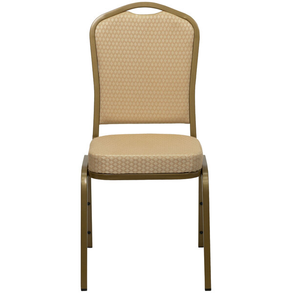 A Flash Furniture beige banquet chair with gold frame and cushion.