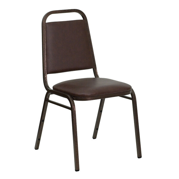 A brown Flash Furniture trapezoidal back banquet chair with a metal frame.
