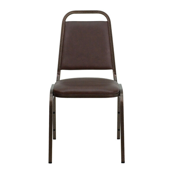A brown Flash Furniture banquet chair with metal legs.