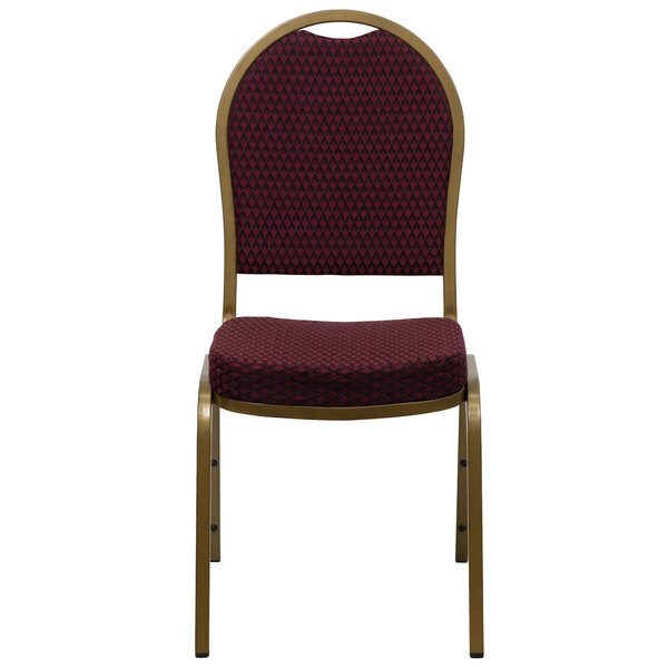 A burgundy Flash Furniture banquet chair with gold frame.