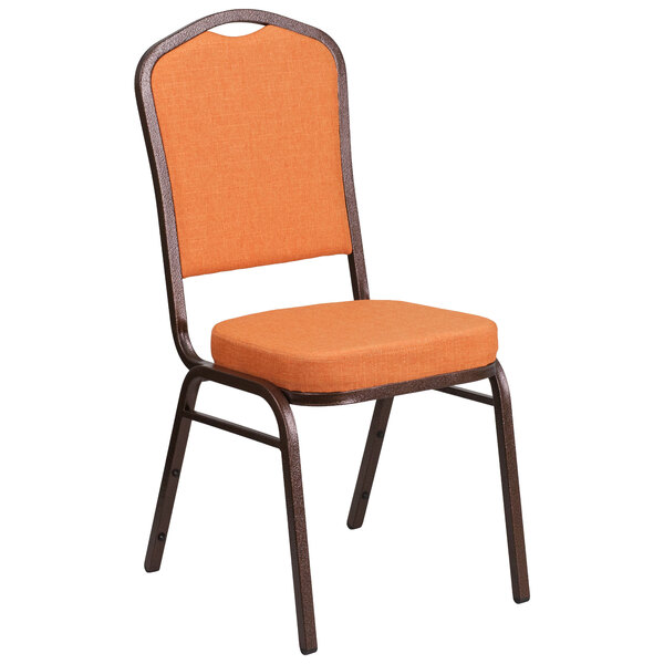 An orange Flash Furniture banquet chair with a copper metal frame.