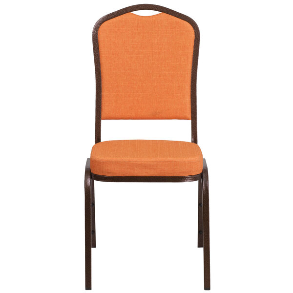 An orange Flash Furniture banquet chair with a copper vein frame.