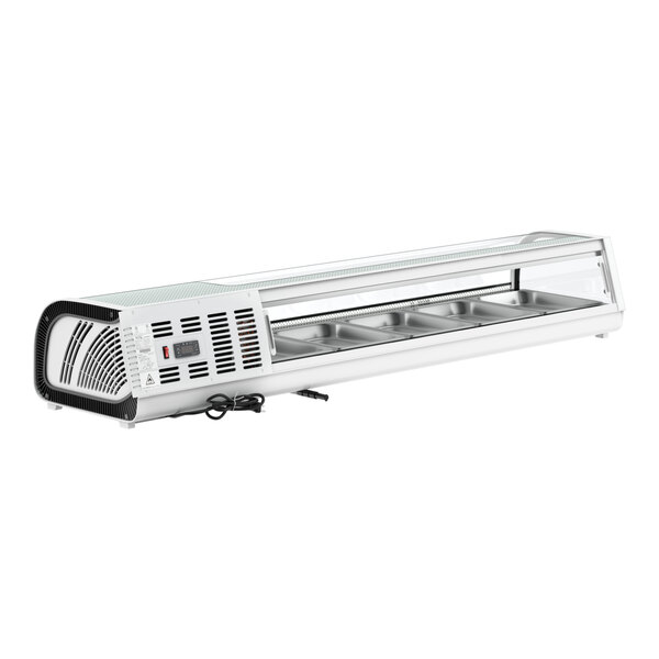 An Avantco stainless steel countertop refrigerated sushi display case with a glass door.