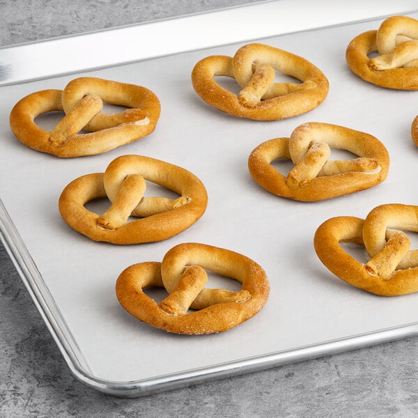 Dutch Country Foods Pennsylvania Dutch gluten-free soft pretzels on a white tray.