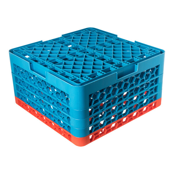 A blue and orange plastic glass rack with 16 compartments and 4 extenders.