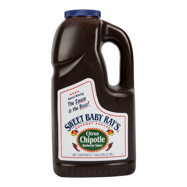A large plastic jug with a blue cap containing Sweet Baby Ray's Citrus Chipotle Barbecue Sauce, labeled as 1 gallon (3.79L).