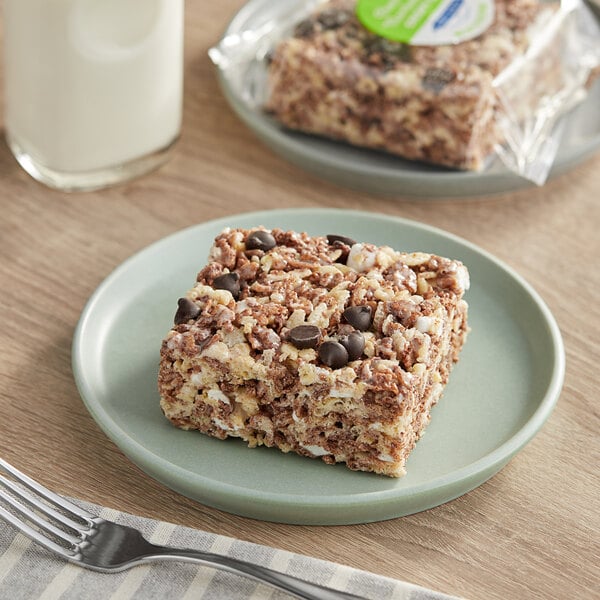 A square of Best Maid chocolate crispy marshmallow bar on a plate.