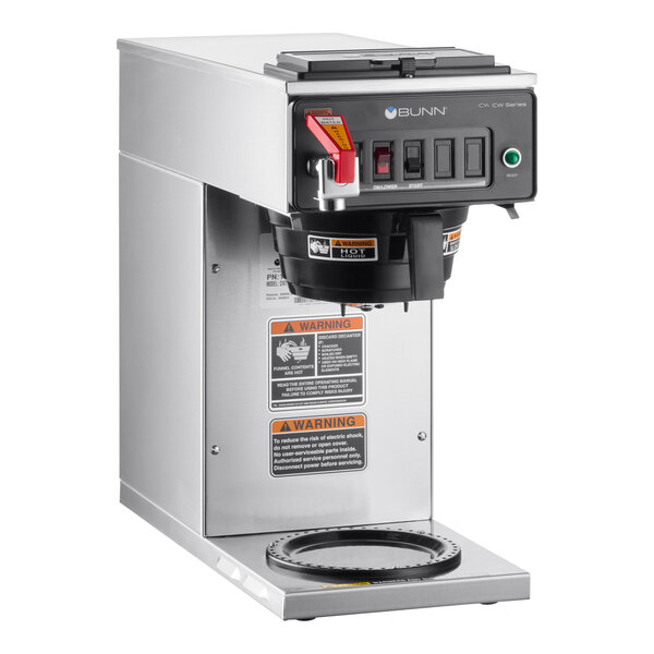 A silver Bunn commercial automatic coffee maker with red and black buttons.