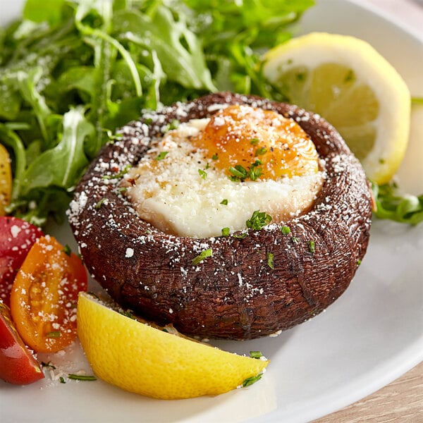 A plate of food with a Portabella mushroom stuffed with an egg.