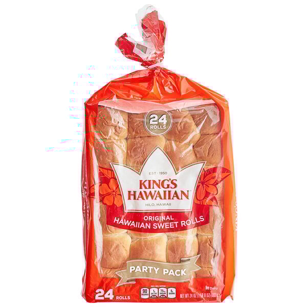 A close up of a red plastic bag of King's Hawaiian Original Hawaiian Sweet Dinner Rolls.