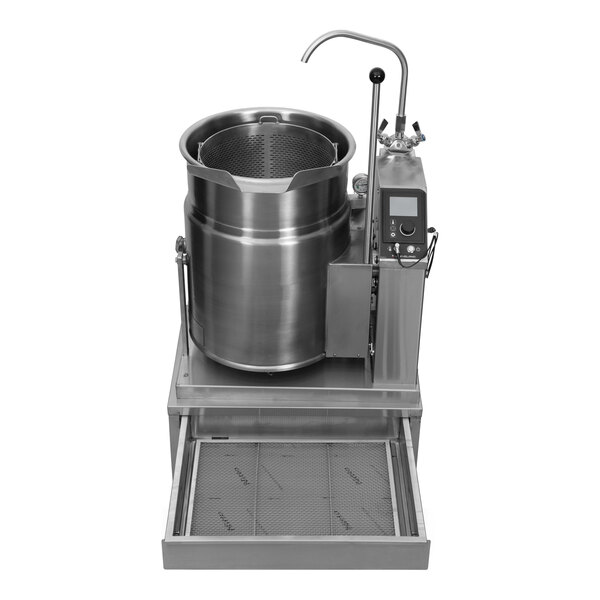 A stainless steel 12-gallon tilting steam jacketed tabletop kettle with control panel and faucet, designed for commercial cooking.