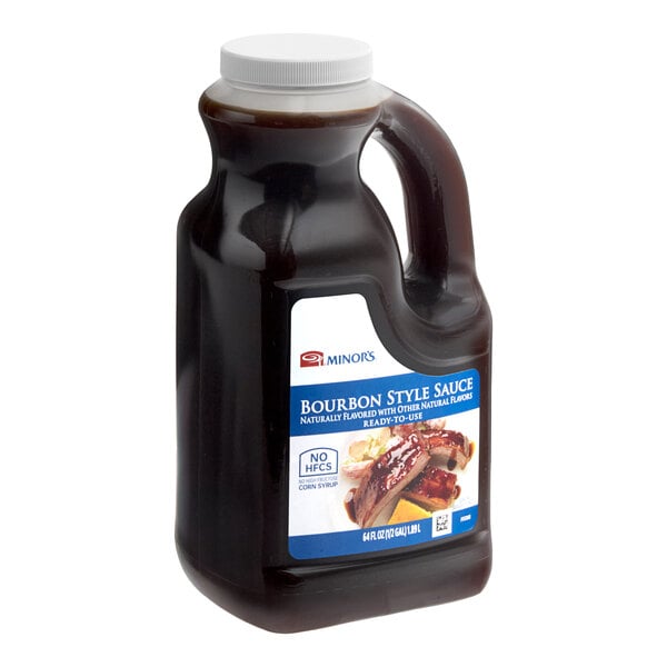 A 0.5 gallon plastic jug of Minor's Bourbon Style Sauce.